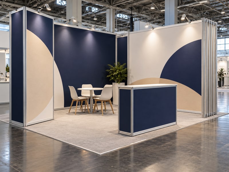 Illustrativer modularer Messestand mit Textilgrafiken und kompakter Theke